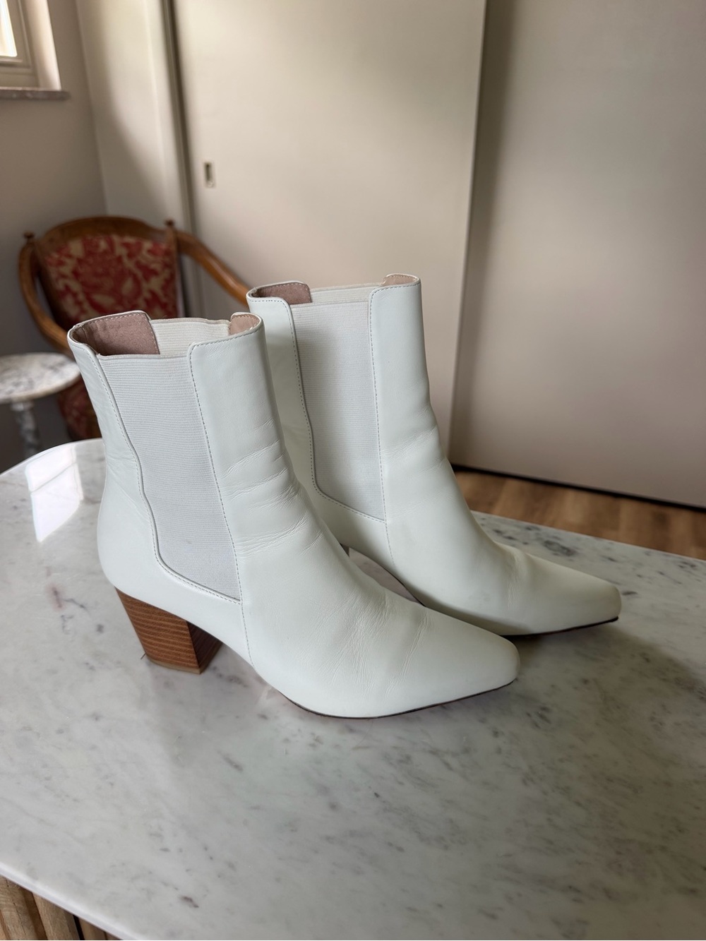 RAYE White Leather Pointed Block Heel Ankle Boots